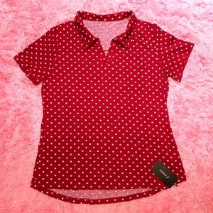 AKEWEI Women's Blouse, colored T-Shirt. Size L, Dark Red with white polka dot.